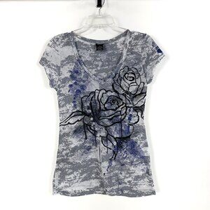 Vanity Gray Blue Black V Neck Top - L